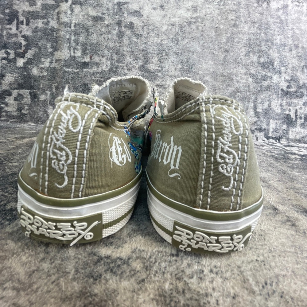 Ed Hardy Womens 7 Casual Slip-on Sneakers Y2K Tattoo Art Canvas Green Distressed - Picture 8 of 12